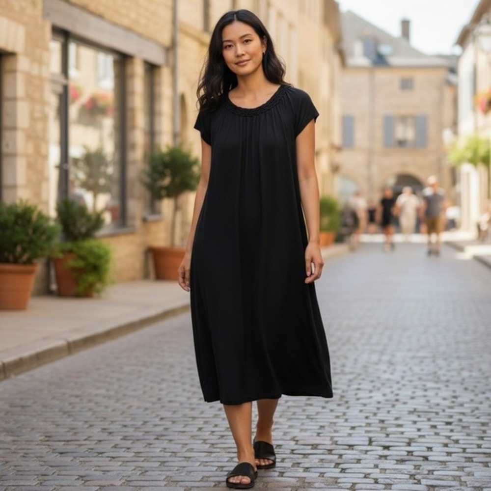 Talbots Midi Dress Small Black Casual Comfort Stretchy Pleated Cap Slvs Everyday